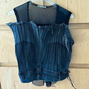 Black denim skirt top with black mesh